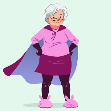 Grandma In Superhero Costume Standing With Hands On Hips Vector Cartoon Illustration. Smiling Friendly Confident Caucasian Senior Woman Wearing Cape, Bunny Slippers. Lifestyle, Old Age, Health Theme.