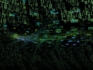 Data streams in cyberspace. Programming and binary code. Green techno 3d illustration in perspective.