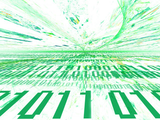 Data streams in cyberspace. Programming and binary code. Green techno 3d illustration in perspective.