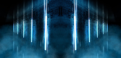 Abstract dark background with brick wall and neon light. Neon blue rays 