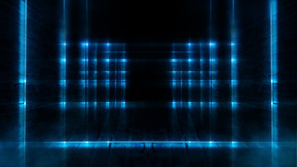 Dark tunnel with neon lights, lines, spotlights. Abste dark background with neon.