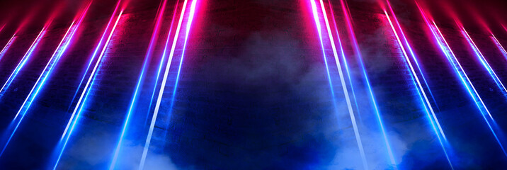 Dark tunnel with neon lights, lines, spotlights. Abste dark background with neon.