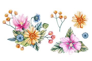 Watercolor illustration with bouquets of wildflowers.