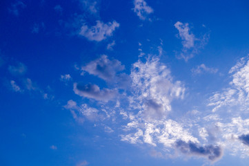 blue evening sky with white and gray clouds; cumulus. background; nature
