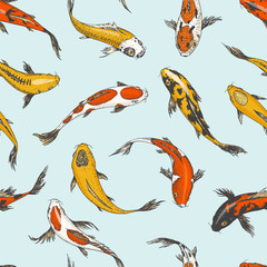 Koi carps, seamless pattern japanese fish. korean animals. Engraved hand drawn line art Vintage tattoo monochrome sketch for label.