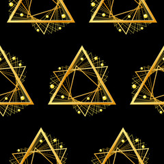 Seamless pattern. Simple abstract golden geometric shapes from intersecting lines, triangles on black background. Eps10 vector illustration.