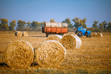 Hay bail harvesting in wonderful autumn farmers field landscape with hay stacks