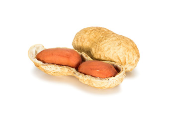 Peanuts. Real whole nut with kernels in shell isolated on white background. Peanut macro close up....