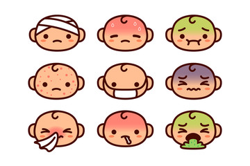 Set Of Cartoon Sick Characters Isolated On White Background