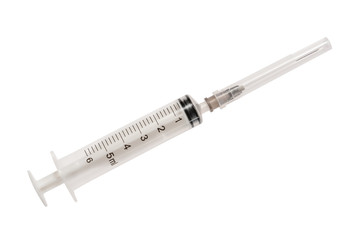 Fototapeta premium Syringe with needle in shell. 6 ml disposable syringe close up, isolated on white background