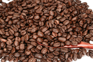 Roasted coffee beans, dark brown with red spoon close up.