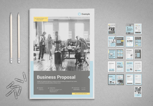 Business Proposal Layout in Pale Blue with Gray with Yellow Accents