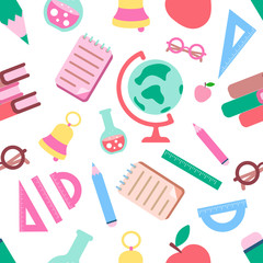 School seamless pattern on white. Education theme background in modern flat style with bright shiny elements.