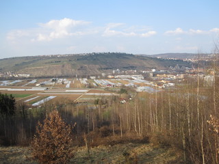 View from a mountain in a town valley with lots of agricultural buildings