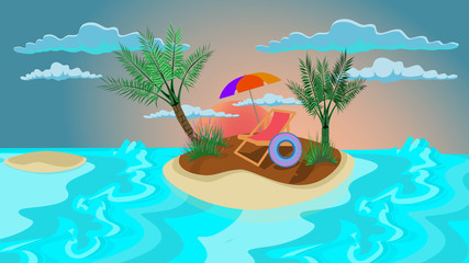 Illustration of finding a resting place in nature,a  beach front seat that is placed on the island,waiting for people to sit and relax as time passess