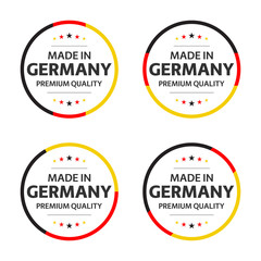 Set of four German icons, English title Made in Germany, premium quality stickers and symbols with stars, simple vector illustration isolated on white background