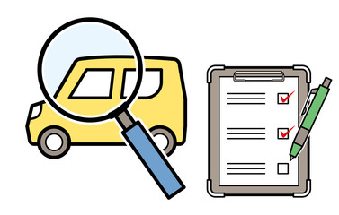 軽自動車の査定イメージのイラスト（軽自動車と虫眼鏡とチェックリスト）