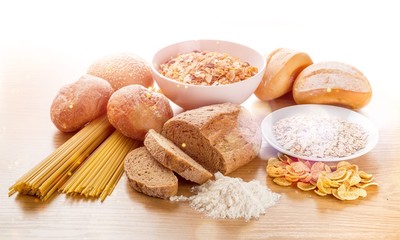 Cereal raw food products on wooden table