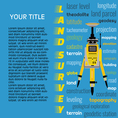 Geodetic measuring equipment, engineering technology for land survey banner on blue background. Isolate icon of total station
