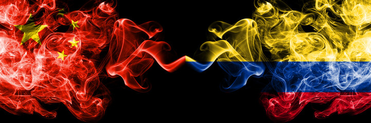 China vs Colombia, Colombian smoke flags placed side by side. Thick colored silky smoke flags of Chinese and Colombia, Colombian