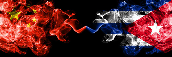 China vs Cuba, Cuban smoke flags placed side by side. Thick colored silky smoke flags of Chinese and Cuba, Cuban