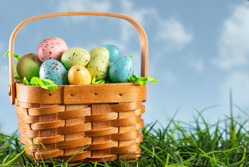 Basket Full of Colorful Speckled Easter Eggs
