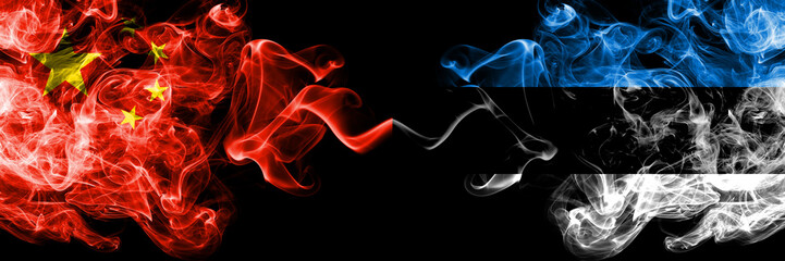 China vs Estonia, Estonian smoke flags placed side by side. Thick colored silky smoke flags of Chinese and Estonia, Estonian