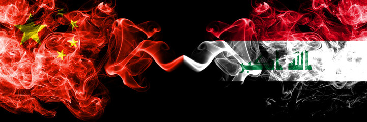 China vs Iraq, Iraqi smoke flags placed side by side. Thick colored silky smoke flags of Chinese and Iraq, Iraqi