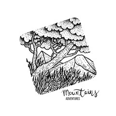 Fototapeta premium Hand drawn image of a mountain peak, engraving style, grunge textured