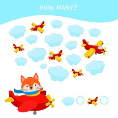 Counting educational children game, math kids activity sheet. How many objects task. Illustration of cute cartoon fox.