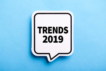 Trends 2019 Speech Bubble Isolated On Blue