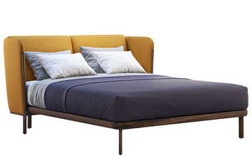 Luxury double bed with colorful headboard and linen. 3d render