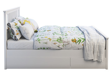 Scandinavian double bed with pattern linen and storage box. 3d render