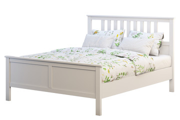 Scandinavian double bed with pattern linen. 3d render
