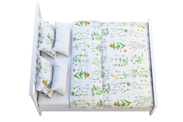 Scandinavian double bed with pattern linen. 3d render
