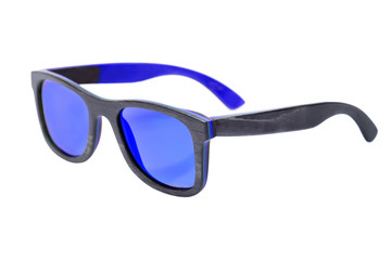 sunglasses made of eco materials glass and wooden rim, gray-blue glasses isolated on a white background side view 3/4.