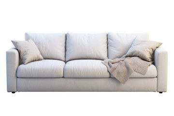 Modern beige fabric sofa with colored pillows. 3d render