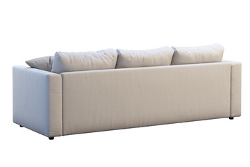 Modern beige fabric sofa with colored pillows. 3d render