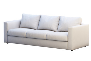 Modern beige fabric sofa with colored pillows. 3d render