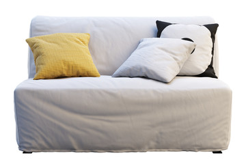 Scandinavian folding sofa bed with colored pillows. 3d render
