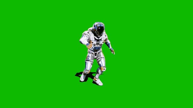 Astronaut-soldier of the future, dancing in front of a green screen. Looped realistic animation.