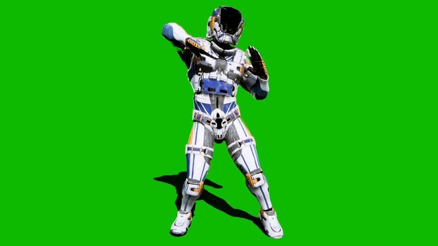 Astronaut-soldier of the future, dancing in front of a green screen. Looped realistic animation.