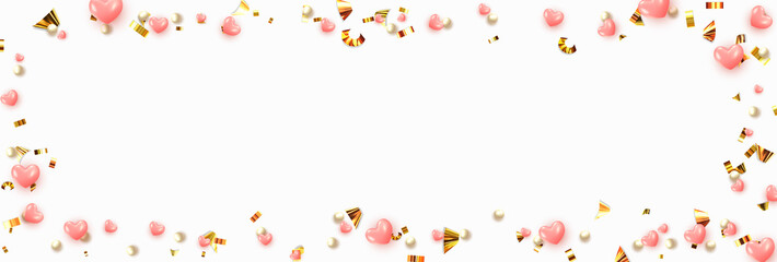 Background with pink hearts and round beads strewn with golden confetti.