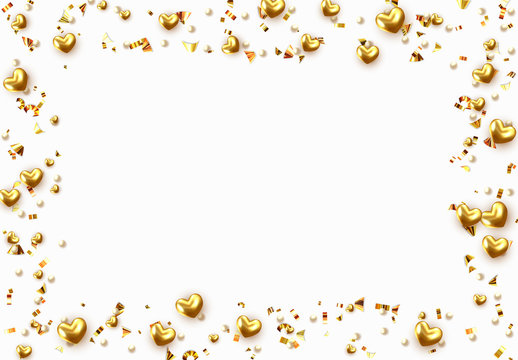 Background with gold hearts and round beads strewn with golden confetti.