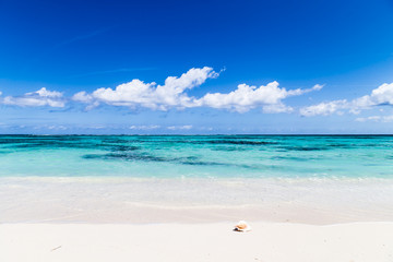 Gorgeous white sand beach and blue sky on Turks and Caicos Islands. 