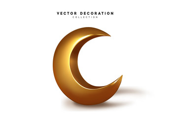 Golden crescent. Gold Lunar month signs symbol in 3d vector.