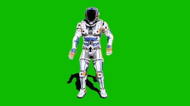 Astronaut-soldier of the future, dancing in front of a green screen. Realistic animation.