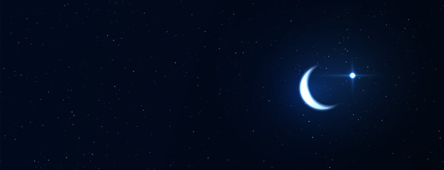 Night background with crescent moon on starry background