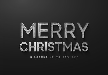 Merry Christmas sale banner, poster, logo silver color on black background.