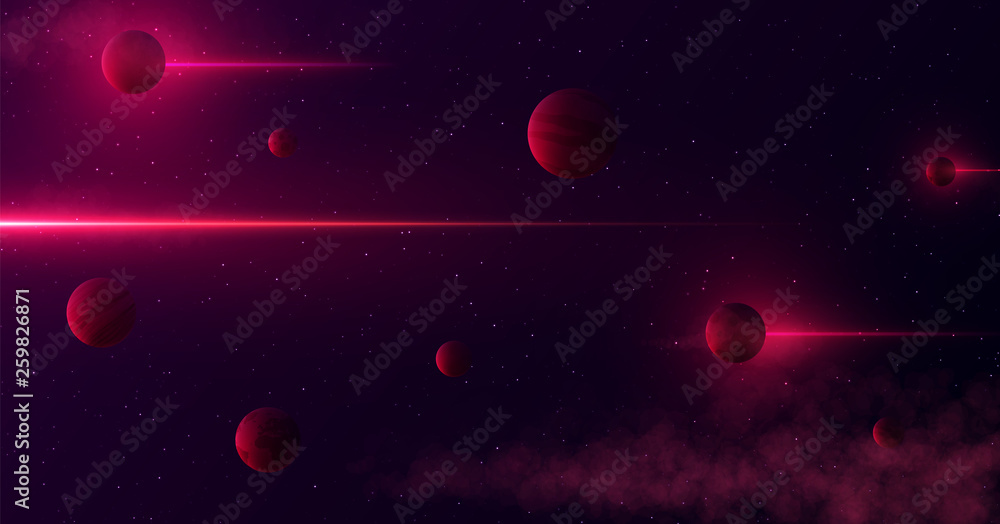 Aufkleber planets 3d on background of stars and galaxy. light abstract lines of gamma rays pass through space.